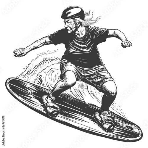 Ink-sketch: Elderly Surfer, Helmet, Wave Action.