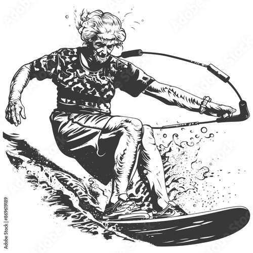 Ink Drawing: Elderly Woman Waterskiing, Splash, Active Senior, Monochrome.