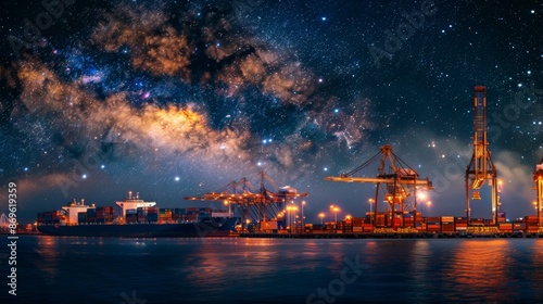 An industrial harbor with massive ships and containers in a symphony of activity, Symbolizing the dynamism of global trade, overhead shot © Florr