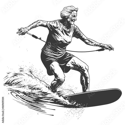 Grit & Grace: Elderly Woman Wakeboarding, Expressive Line Art, Water Sport, Vector Illustration.