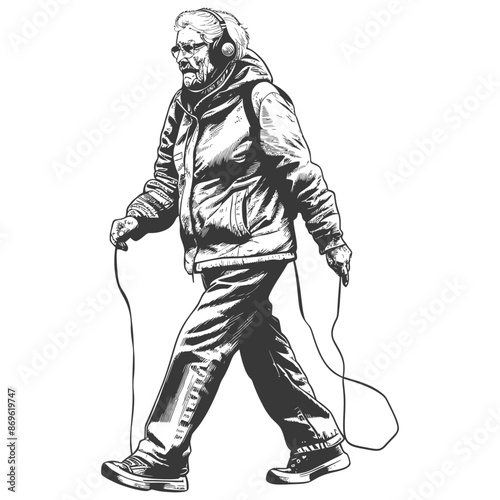 Groovy Granny: Hand-Drawn Senior with Headphones, Walking, Urban Style