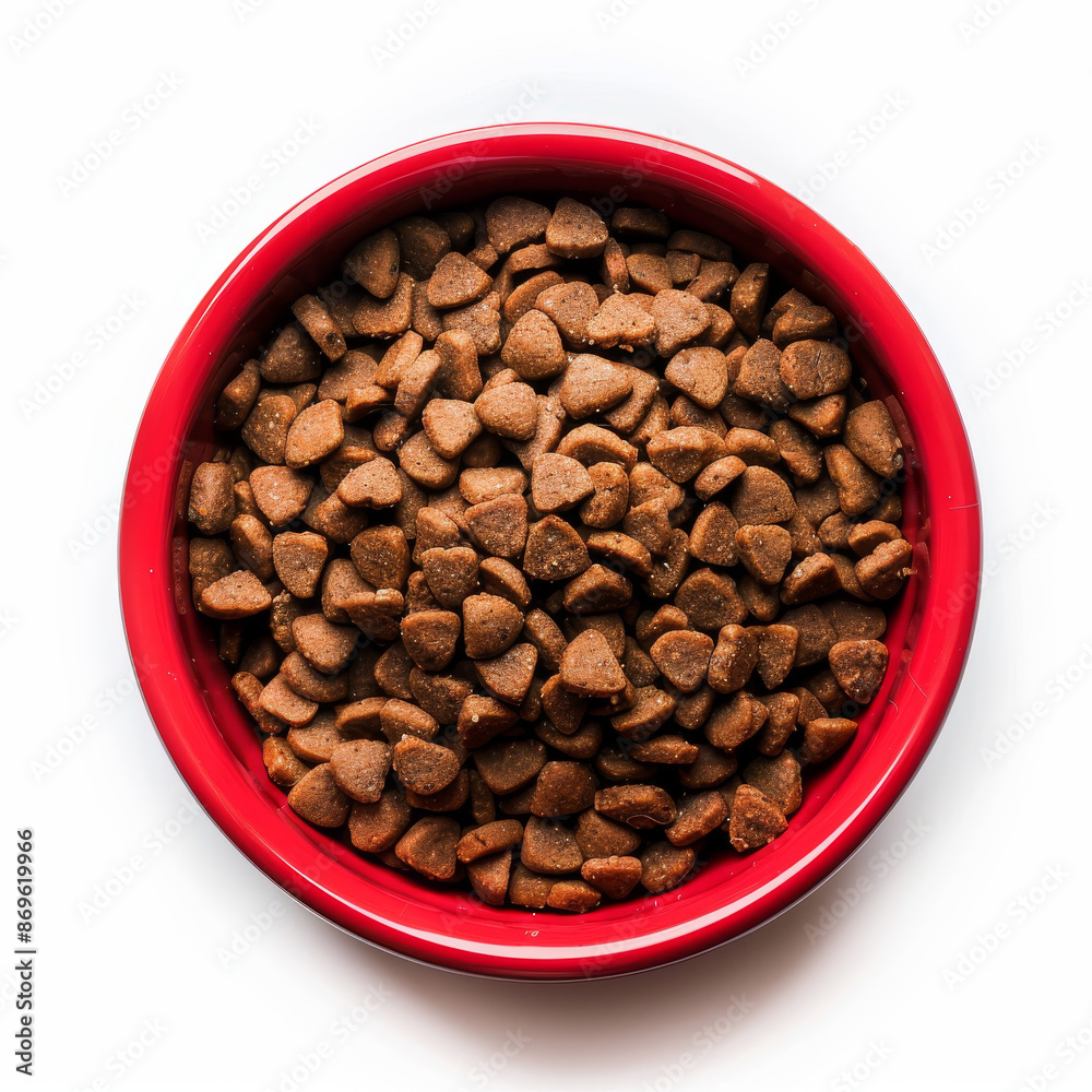 Dry cat food in a red bowl, isolated on a white background Dry cat food in a red bowl, isolated on a white background