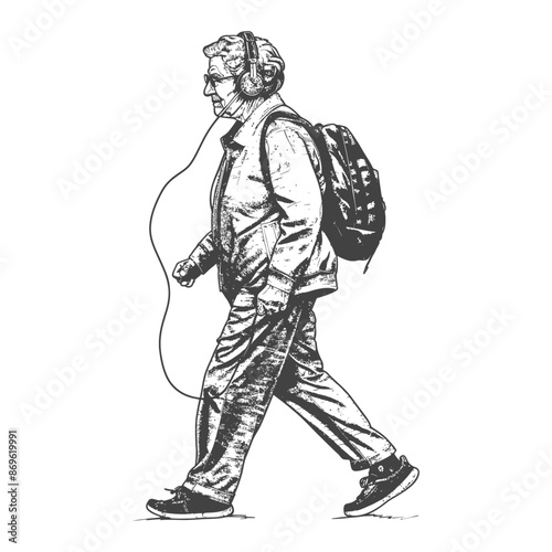 Sketch of Senior Woman Walking with Backpack and Headphones