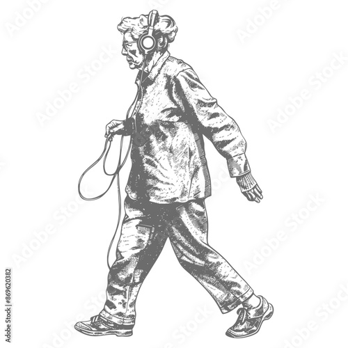 Elderly Woman Walking with Headphones: Detailed Sketch, Retro Style, Leisure Activity