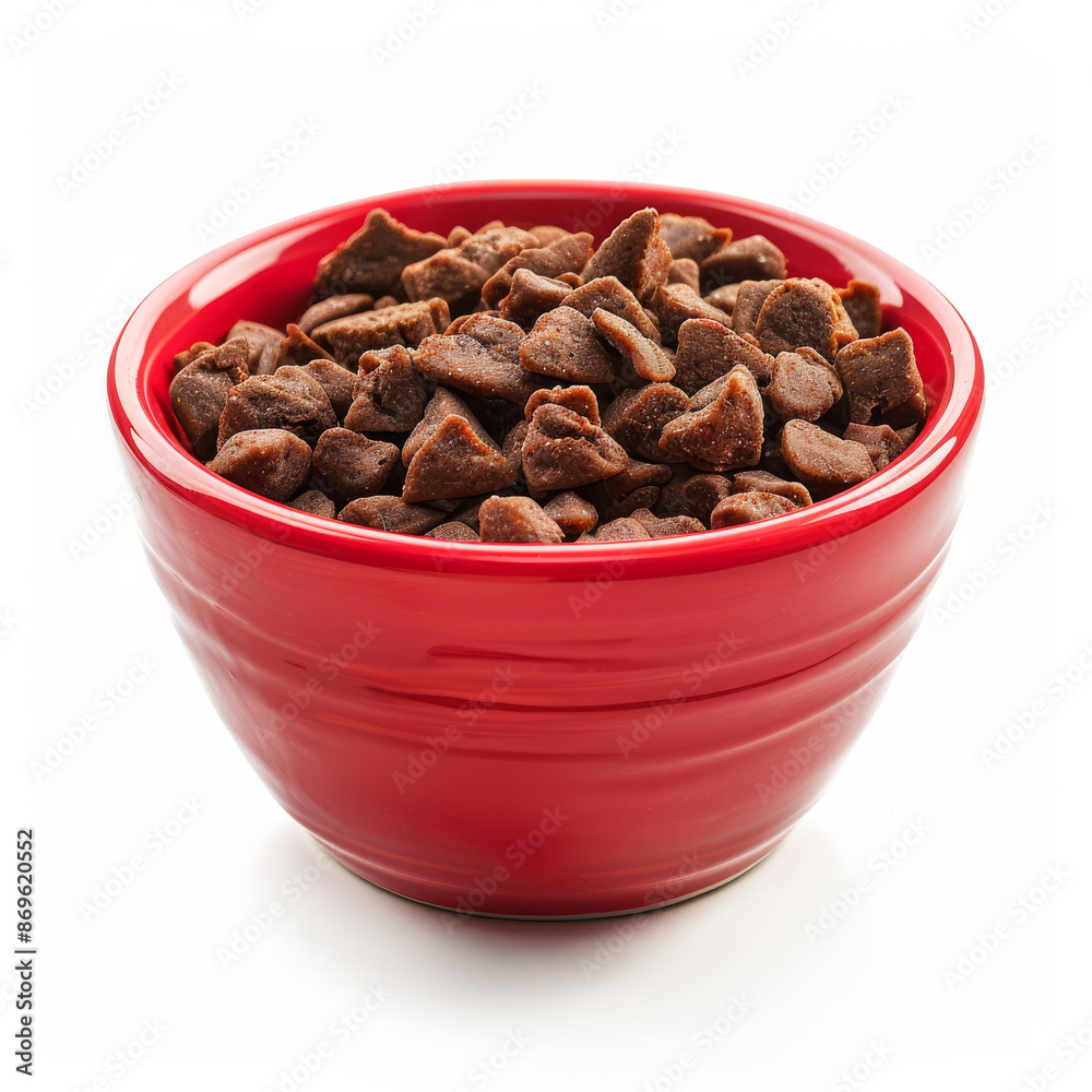 Dry cat food in a red bowl, isolated on a white background Dry cat food in a red bowl, isolated on a white background