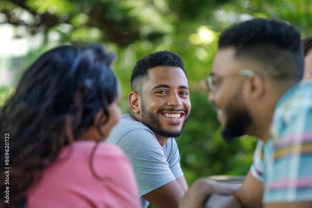 Friends Outdoors Smiling and Chatting in Nature Setting on Sunny Day Friends Outdoors Smiling and Chatting in Nature Setting on Sunny Day