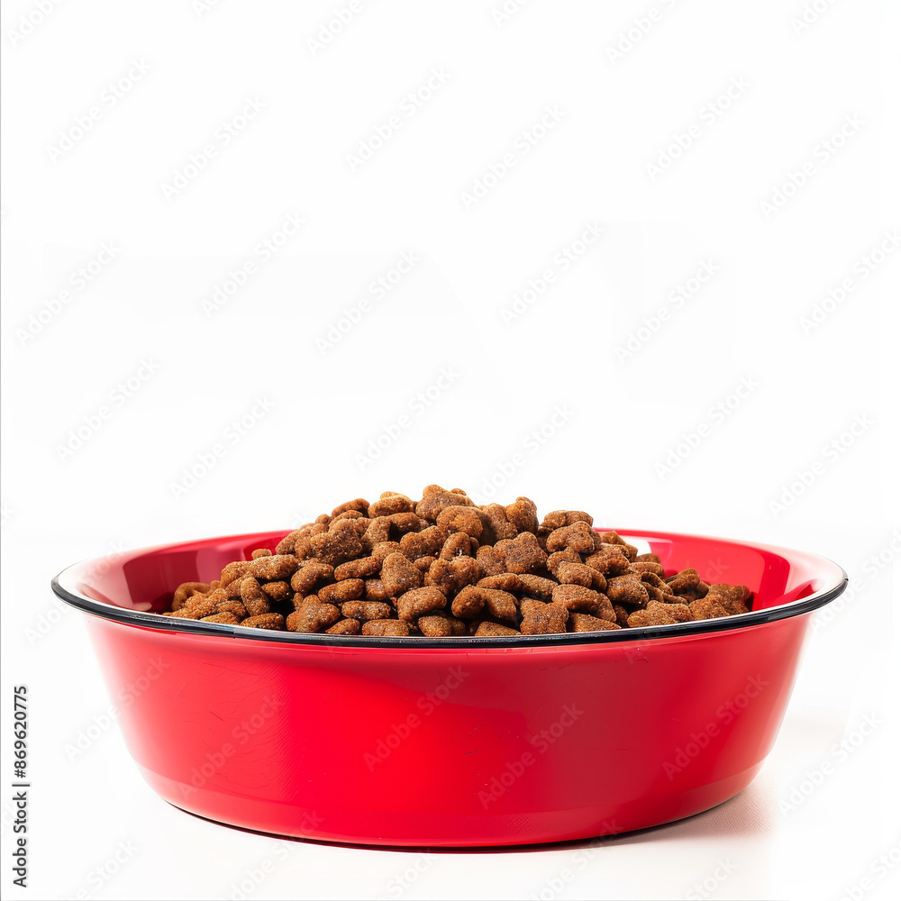 Dry cat food in a red bowl, isolated on a white background Dry cat food in a red bowl, isolated on a white background