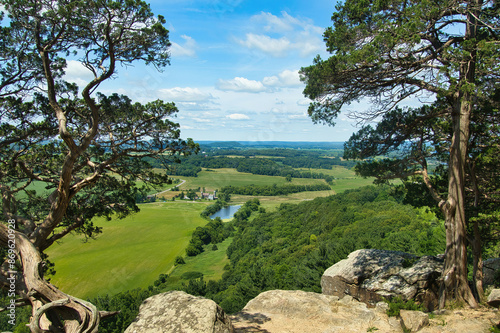 Tableau sur toile Sunny Summer day landscape of lush green fields and forests as seen from the top of Gibraltar Rock near Lodi, Wisconsin