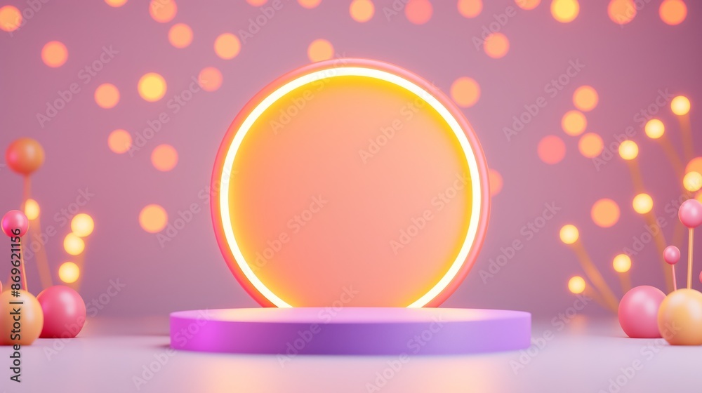 3D illustration of a purple platform with neon light circle in pink bokeh background. 3D illustration of a purple platform with neon light circle in pink bokeh background.
