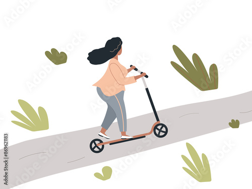 Overweight african woman is riding a scooter on path in the park. Plump fashionable black woman in the open air adhering to healthy lifestyle.Raster illustration