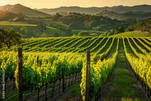 Beautiful Sunset Sky in Napa Valley Wine Country on Spring Vineyards , Mountains. photo