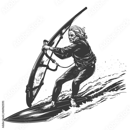 Monochrome Windsurfer: Focused Older Woman Riding the Waves, Engraved Style.