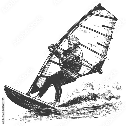 Windsurfer etching: Man catching a wave, monochrome action sport illustration.