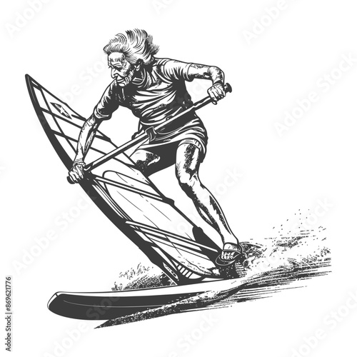 Windsurfer Skull: Grim Reaper Rides the Waves, Intricate Vector Illustration.