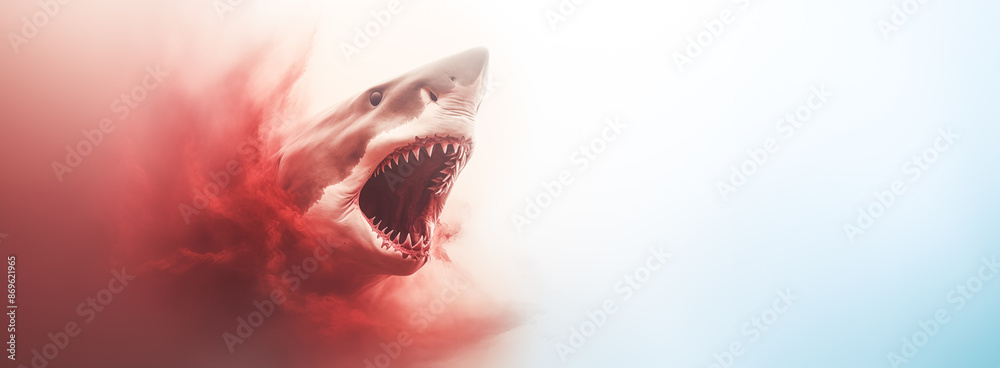 Naklejka premium scary shark in water red with blood, banner background