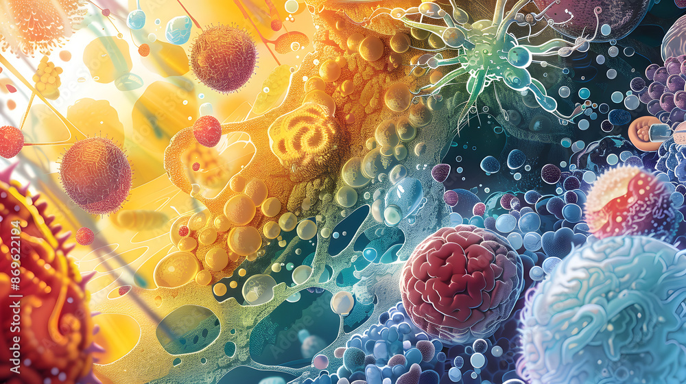 Fototapeta premium Abstract illustration cellular therapy cell differentiation regeneration, microscopic view body stem cells research microscope, scientific equipment laboratory therapy medical pharmaceutical