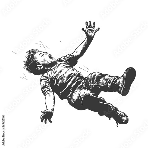 Falling Boy: Expressive Black and White Illustration of a Child's Tumbling Fall.
