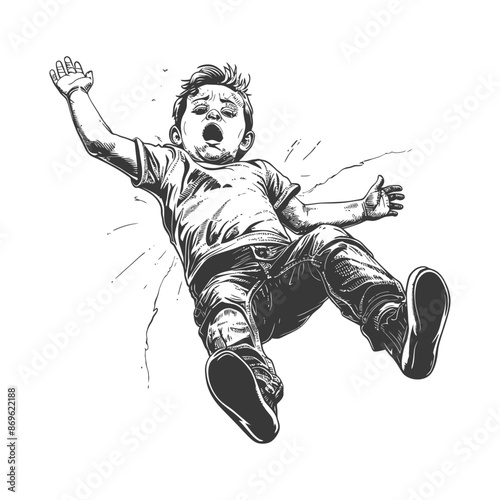 Falling Boy: Dramatic Ink Drawing of a Screaming Child in Mid-Air, Topsy Turvy.