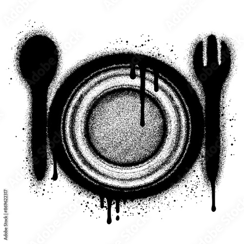 Plate, spoon and fork graffiti with black spray paint. vector illustration.
