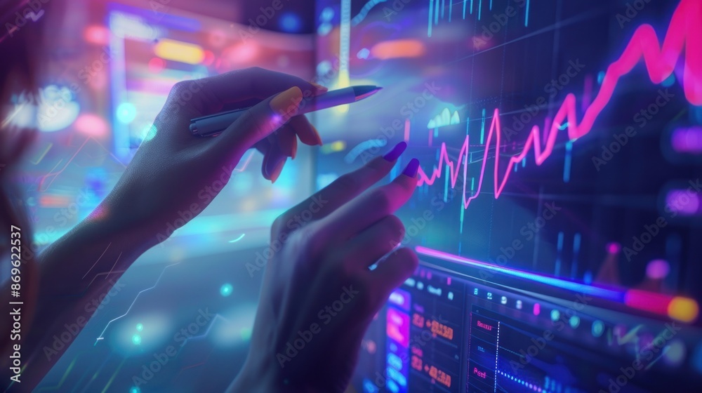 Hand Holding Pen Analyzing Financial Results on Screen