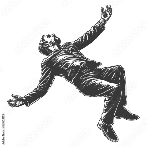 Etched Fall: Man in Suit, Arms Extended, Gravitational Descent.