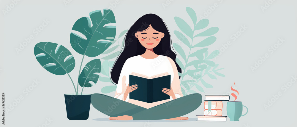 Illustration of a woman reading a book while sitting cross-legged, surrounded by plants, coffee, and books. Cozy and relaxing scene. Illustration of a woman reading a book while sitting cross-legged, surrounded by plants, coffee, and books. Cozy and relaxing scene.