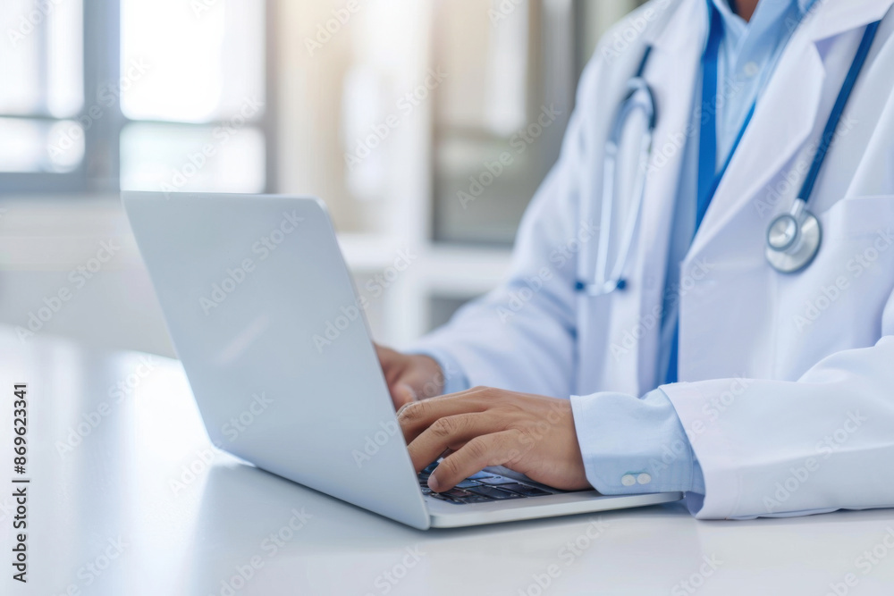 Doctor using laptop in medical office. Professional healthcare worker in white coat working on computer in clinic. Modern healthcare technology. Doctor using laptop in medical office. Professional healthcare worker in white coat working on computer in clinic. Modern healthcare technology.