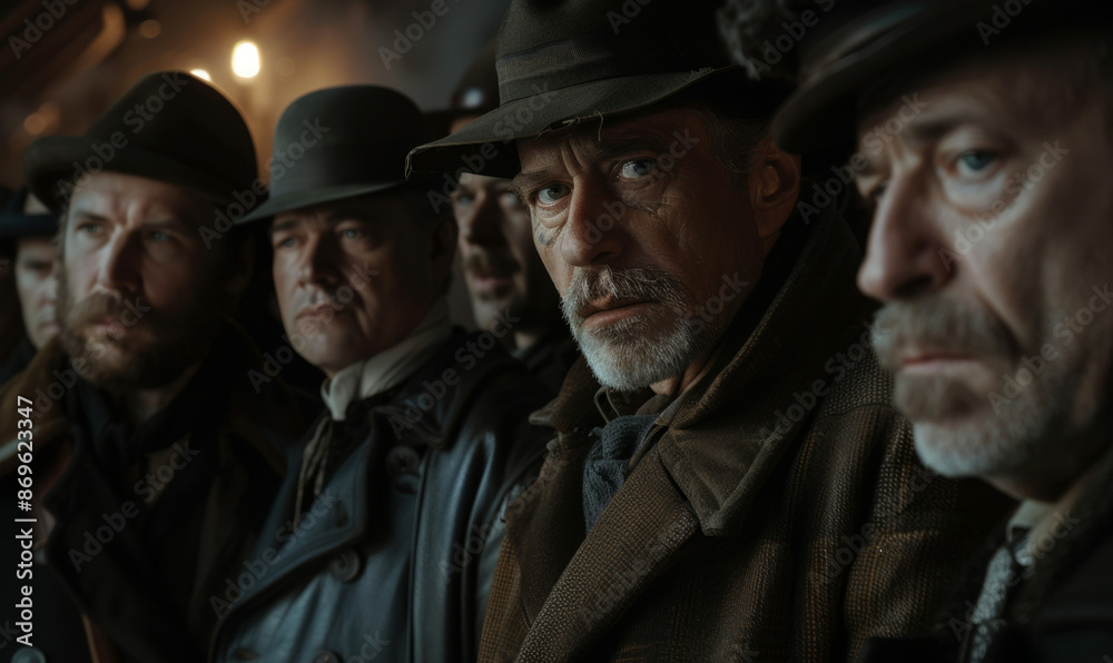 A group of gangsters are standing and looking at the camera on a night street. Mafia, family, group of criminals A group of gangsters are standing and looking at the camera on a night street. Mafia, family, group of criminals