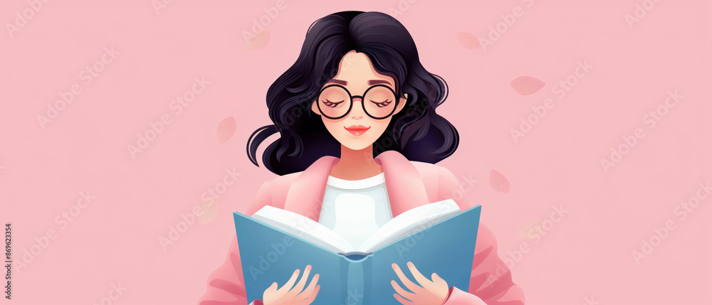 Illustration of a woman with glasses reading a book. Background in soft pink tones highlighting relaxation and knowledge. Illustration of a woman with glasses reading a book. Background in soft pink tones highlighting relaxation and knowledge.
