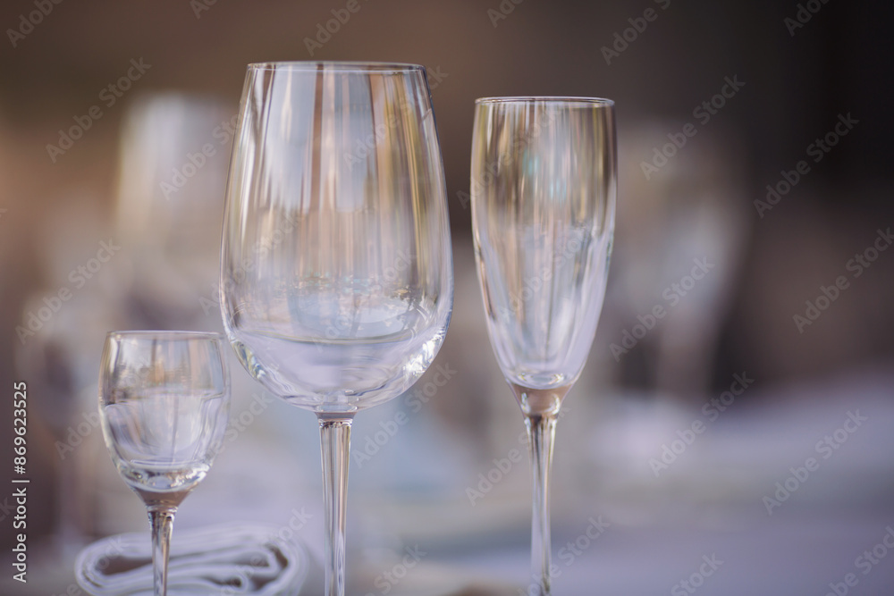 Beautiful table setting with crockery for a party, wedding reception or other festive event. Glassware and cutlery for catered event dinner. Beautiful table set for some festive event Beautiful table setting with crockery for a party, wedding reception or other festive event. Glassware and cutlery for catered event dinner. Beautiful table set for some festive event