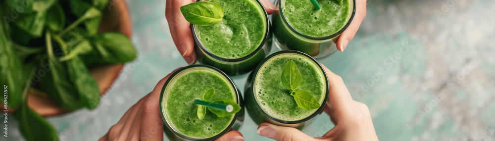 Top view of four people clinking glasses filled with fresh green smoothie, surrounded by spinach leaves for a healthy lifestyle concept. Top view of four people clinking glasses filled with fresh green smoothie, surrounded by spinach leaves for a healthy lifestyle concept.