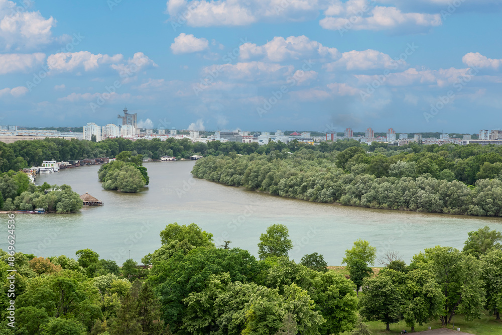 Fototapeta premium Panoramic view on Sava and Danube rivers ( Sava i Dunav) from Kalemegdan Fortress, Belgrade, Serbia