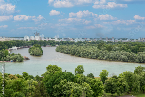 Panoramic view on  Sava and Danube rivers ( Sava i Dunav) from Kalemegdan Fortress, Belgrade, Serbia photo