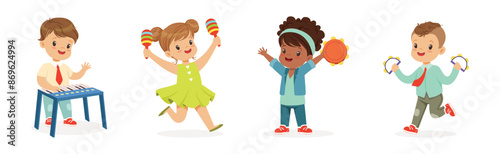 Little Kids Playing Musical Instrument Vector Illustration Set