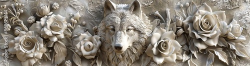 Beautiful wolf 3d relief wallpaper. Mural wallpaper. Wall art. AI generated illustration