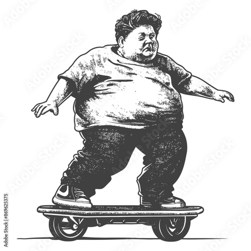 Sketchy Skater: Overweight Youth Balances on Miniature Board, Engraving Style.