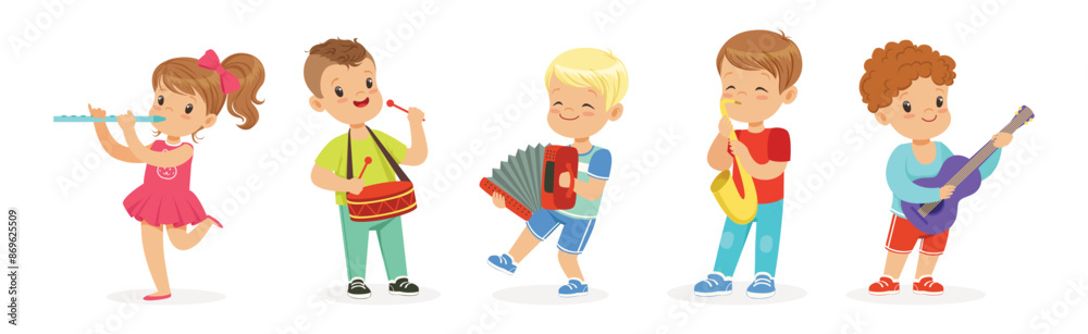 Little Kids Playing Musical Instrument Vector Illustration Set Little Kids Playing Musical Instrument Vector Illustration Set