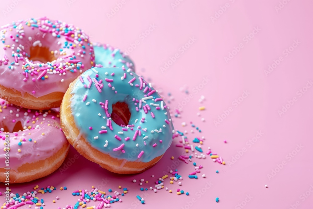 Close-up of vibrant and colorful donuts with sprinkles on a pink background