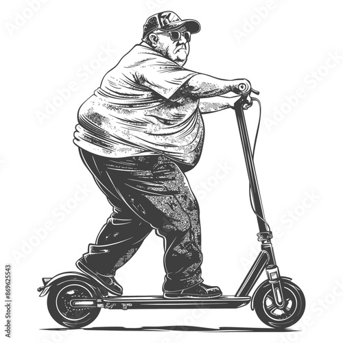 Grumpy Oversized Man on Scooter, Engraved Style Illustration