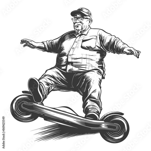 Elderly Man Rides Electric Scooter, Engraved Style, Active Senior Lifestyle, Black and White.