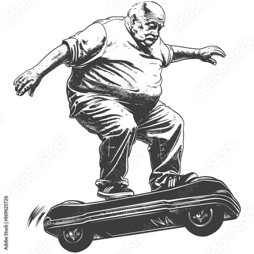 Ink Sketch: Elderly Man Skating, Vintage Futuristic Board, Action Pose.
