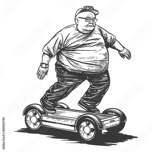 Etched Eccentric: Overweight Man on Hoverboard, Comic Style.