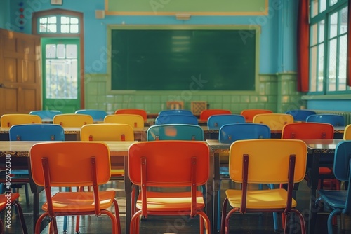 Empty Classroom Desks and Chairs In A School