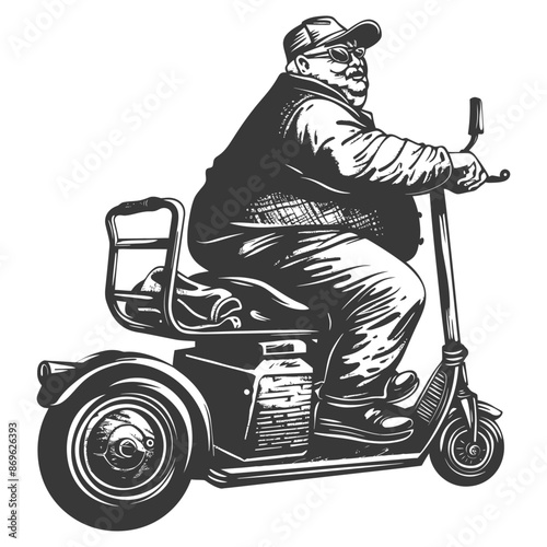 Monochrome Engraving: Overweight Man in Cap Rides Mobility Scooter.