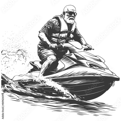 Ink Drawing: Bearded Man with Sunglasses Joyriding on a Jet Ski.