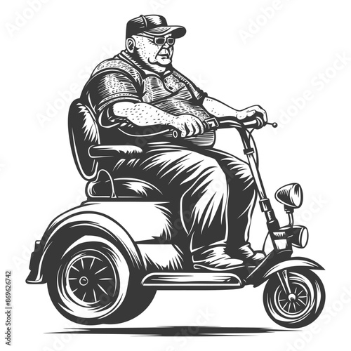 Monochrome Engraving: Senior Man on Mobility Scooter.