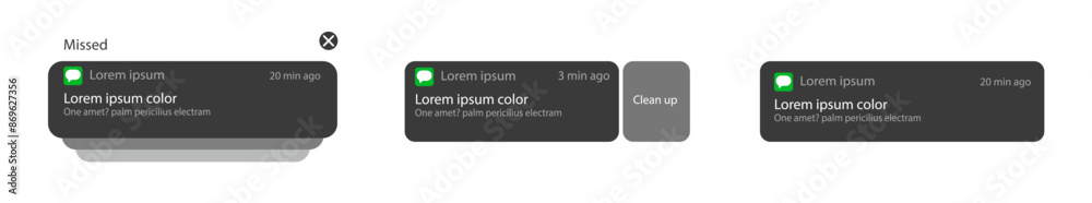 Vector dark illustration on iphone push notification theme, manage your message in smartphone dark theme mockup template