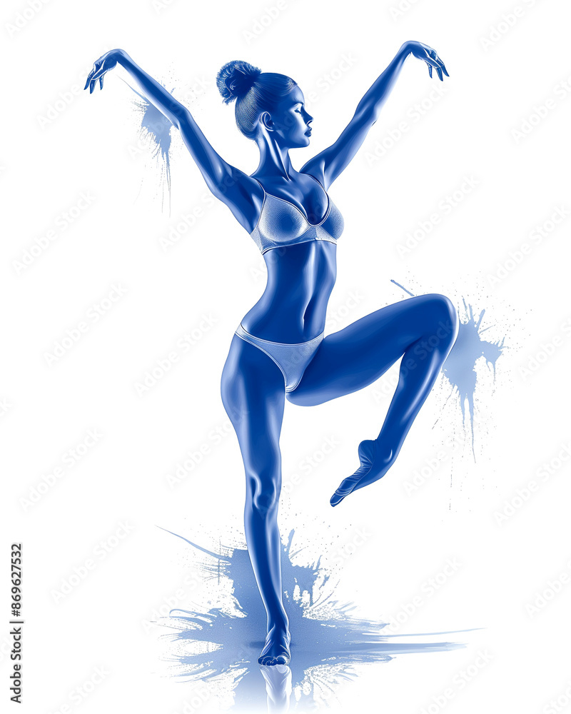 Fototapeta premium A woman in a blue bikini is dancing in the water. The blue color of the bikini and the water creates a sense of calmness and serenity