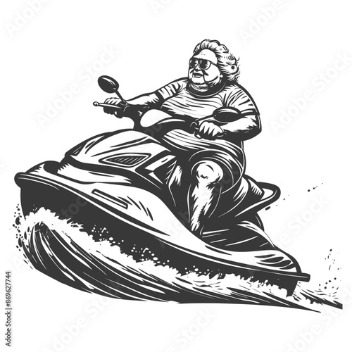 Jet Ski Granny: Overweight Woman Rides Waves, Vector Illustration