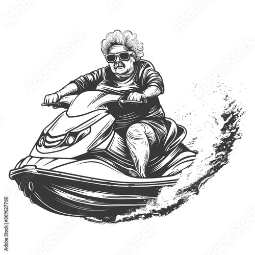 Monochrome Jet-Ski Granny: Thrill-Seeking Elder, Water Splash, Engraving Style.